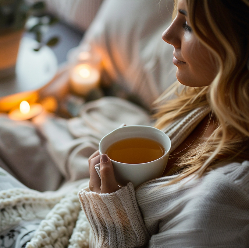 A woman relaxes in bed holding a warm cup of tea, surrounded by soft blankets, glowing candles, and a plant tray, evoking a calming at-home wellness ritual.