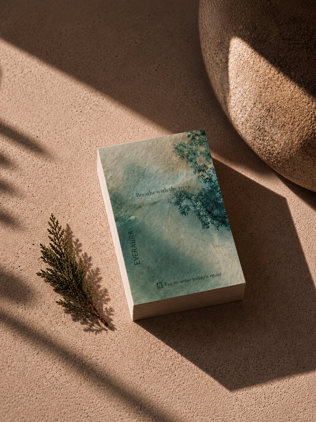 EverAura Grounding ritual card from the Four Energies Set, Breathe with the trees, styled with a cedar sprig. A one minute nature meditation and scent card.