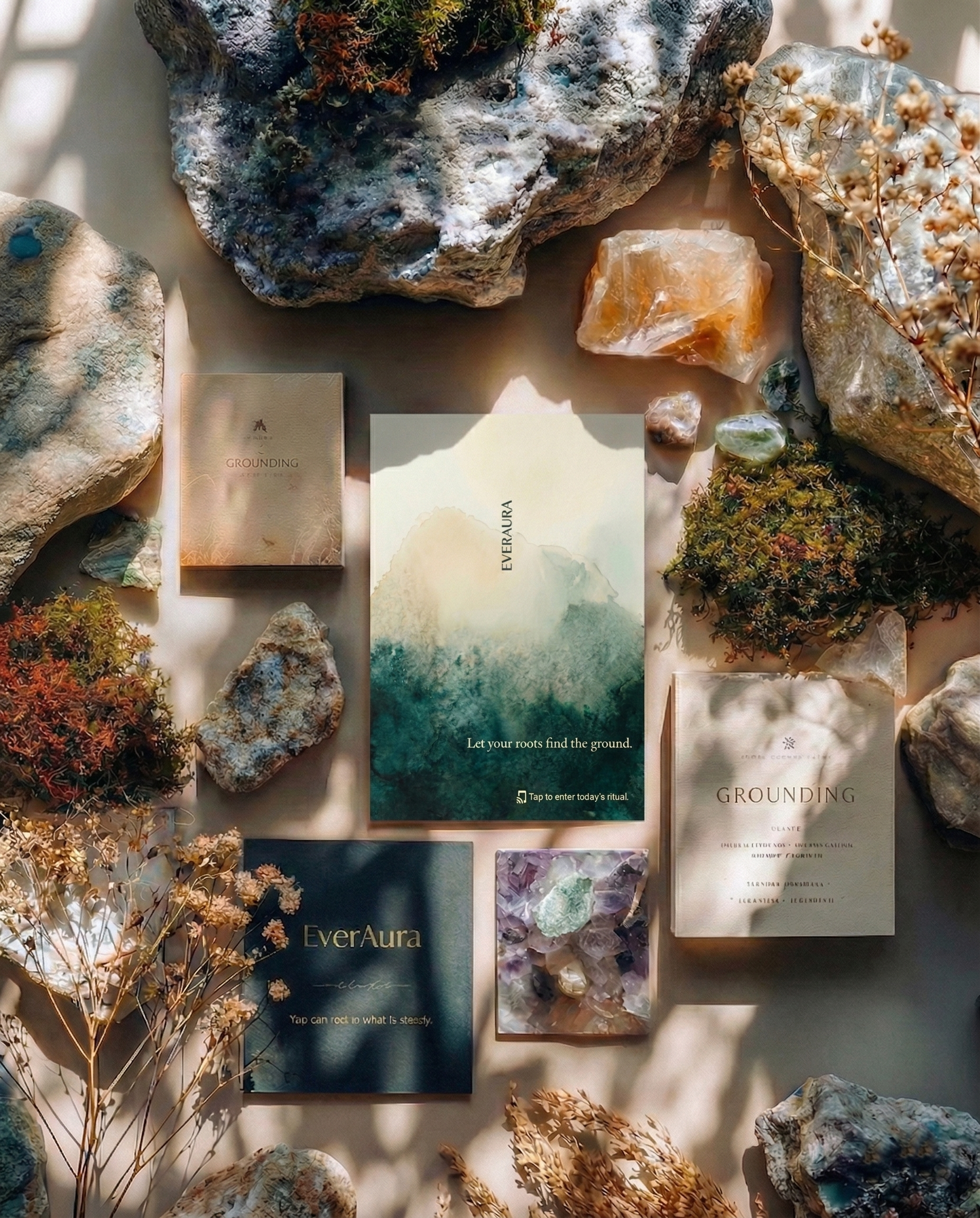 EverAura Grounding Ritual Card front, 'Let your roots find the ground' — a one-minute grounding nature meditation scent card.