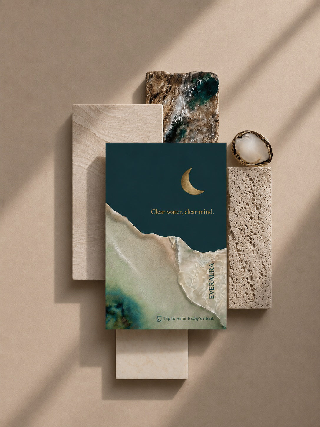 EverAura Moon Water ritual card, Clear water clear mind, styled on stone tiles with a geode. A one minute evening nature meditation and scent card.
