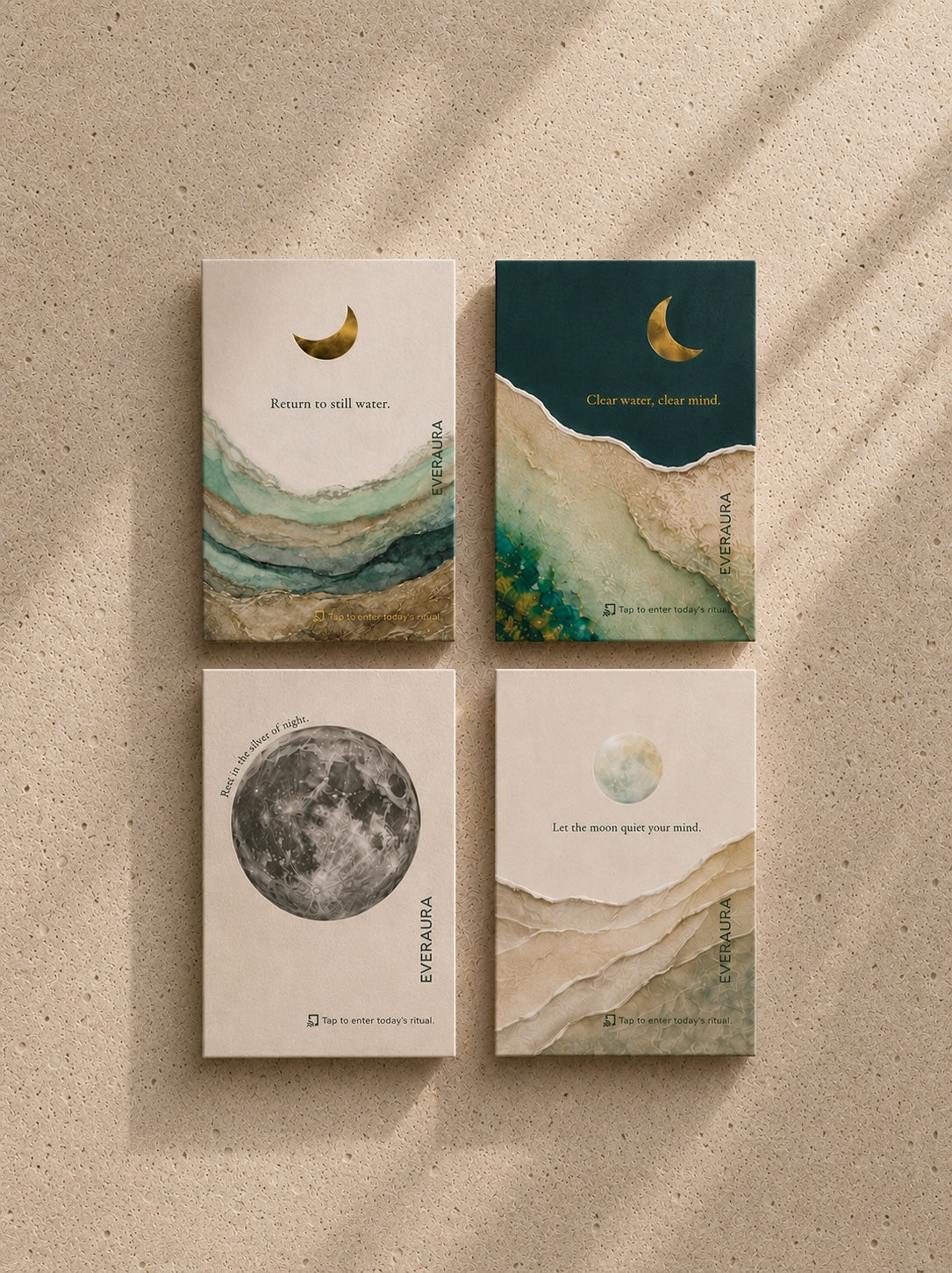 EverAura Moon Water Ritual Card Set, the four card designs laid together in soft light. Return to still water, Clear water clear mind, Rest in the silver of night, and Let the moon quiet your mind. Four one minute evening nature meditation scent cards.