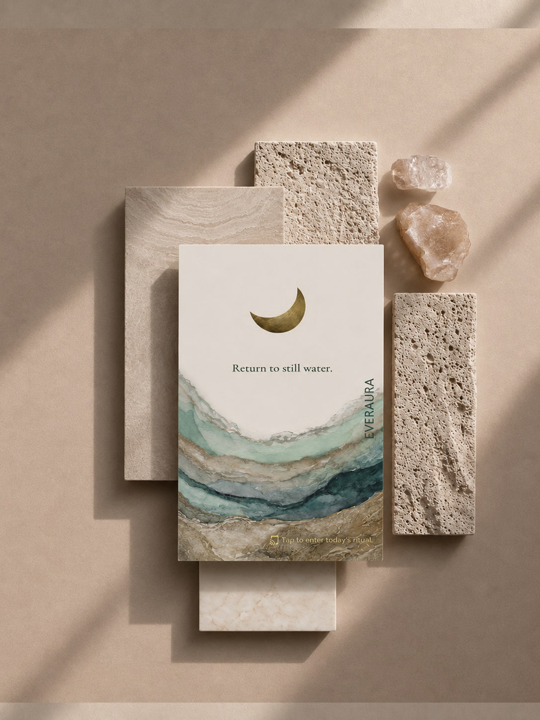 EverAura Moon Water ritual card, Return to still water, styled on pale stone tiles with quartz crystals. A one minute evening nature meditation and scent card.