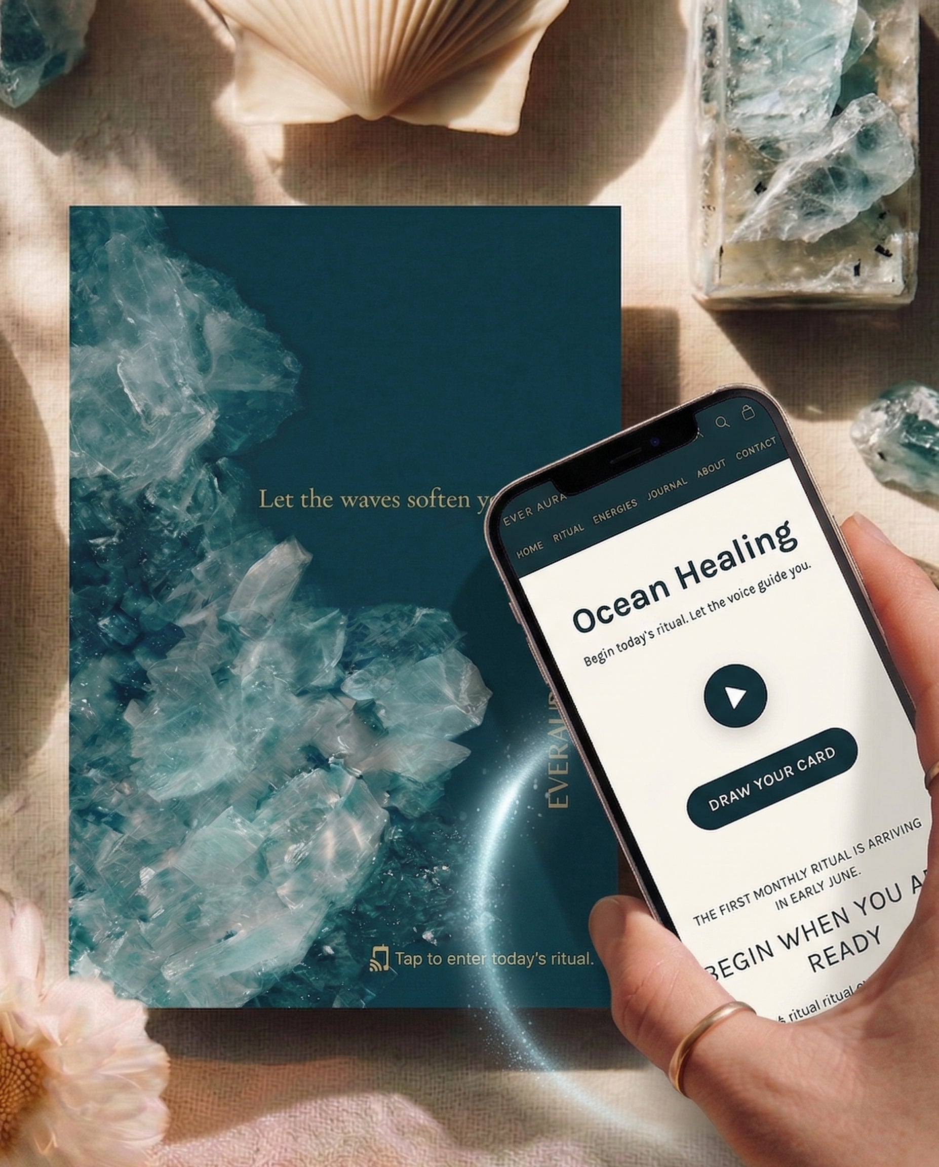 EverAura Ocean Healing ritual card, Let the waves soften your edges, beside a phone showing the Ocean Healing Daily Ritual with crystals. Tap the card to open a one minute nature meditation.