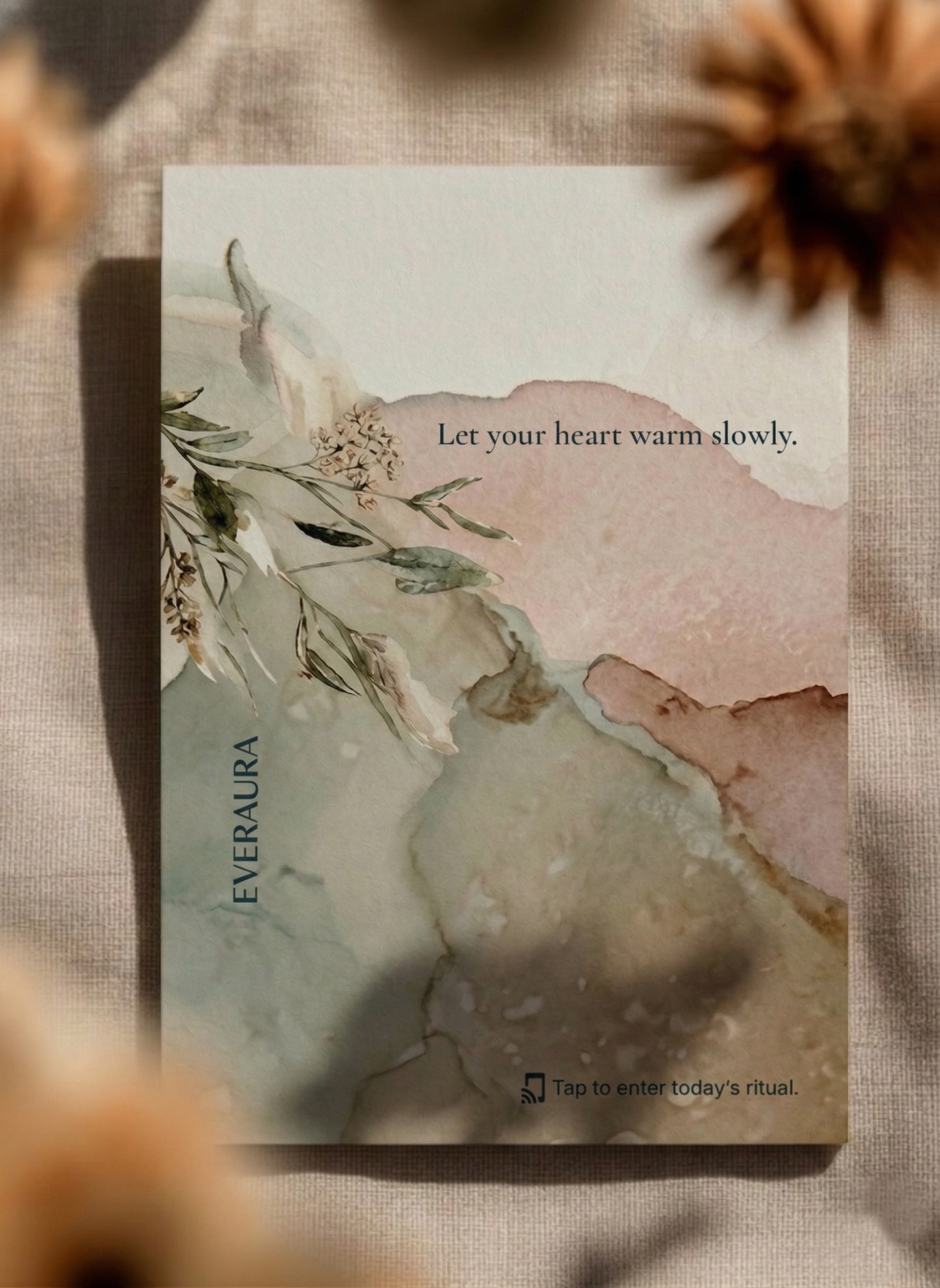 EverAura Radiant Heart ritual card, Let your heart warm slowly, a rose and sage watercolor design styled on linen. A daily nature meditation and scent card.