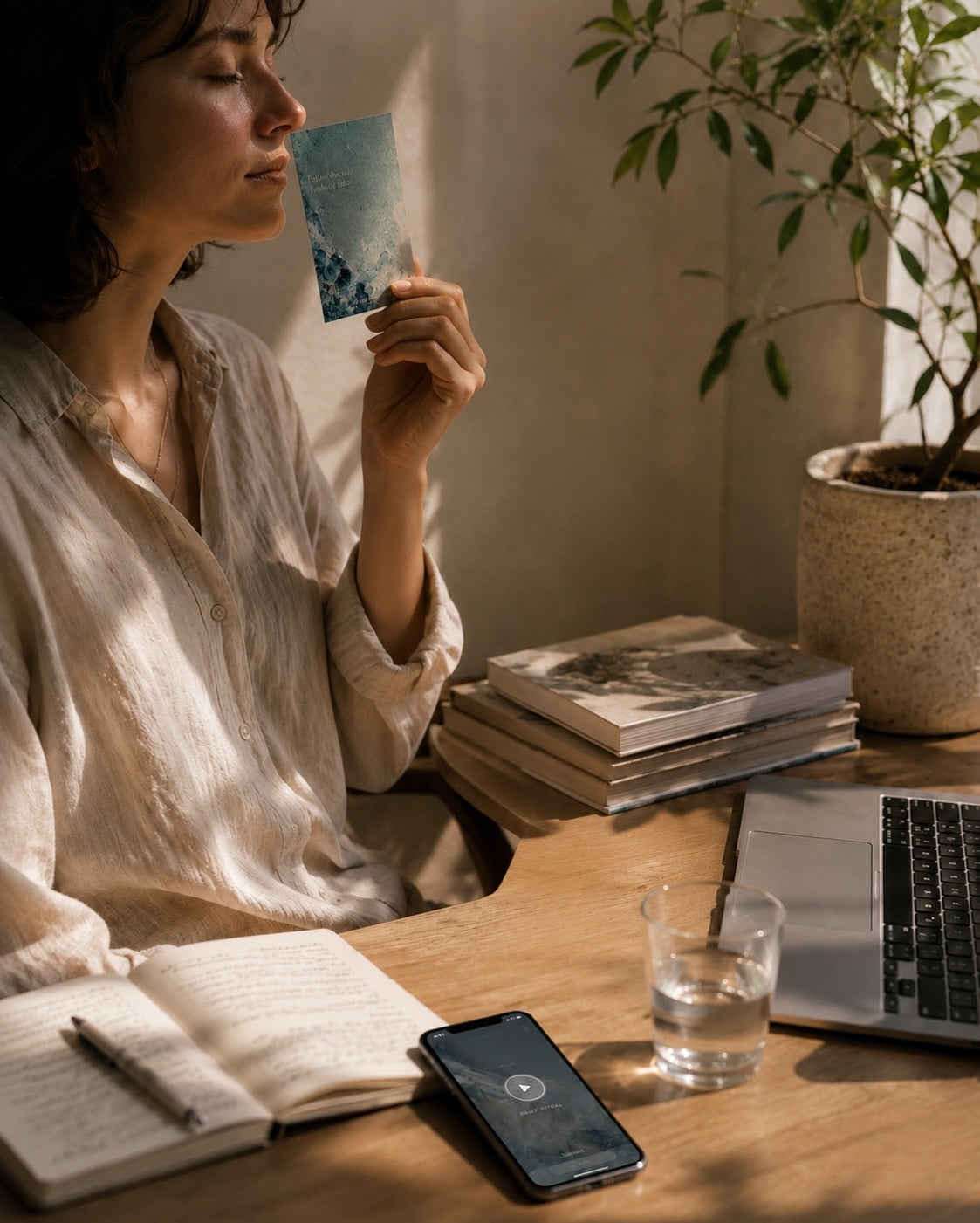 Woman at her desk breathing in an EverAura Ocean Healing scent card. A one minute nature meditation break to reset and release stress.