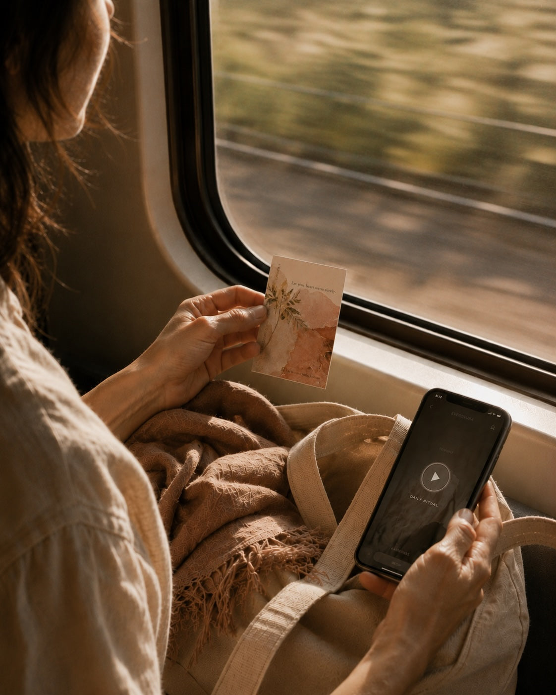 Woman on a train holding an EverAura Radiant Heart ritual card and the guided meditation app. A one minute nature meditation ritual for calm on the go.