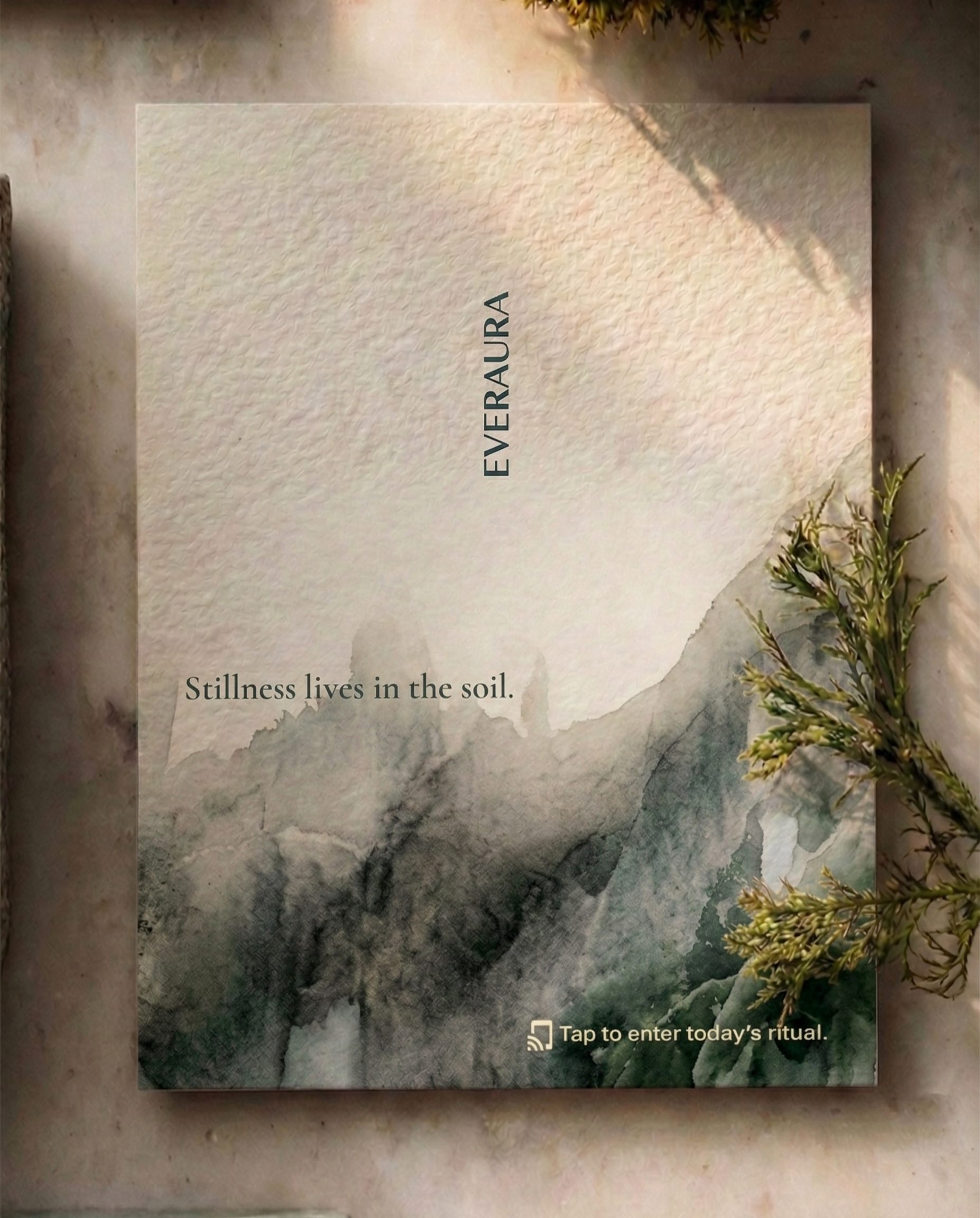 EverAura Grounding Scent Card with embedded NFC — the scent of sage and earth. Tap to enter the Grounding Daily Ritual: a guided meditation, a nature soundscape, and a daily energy card draw.