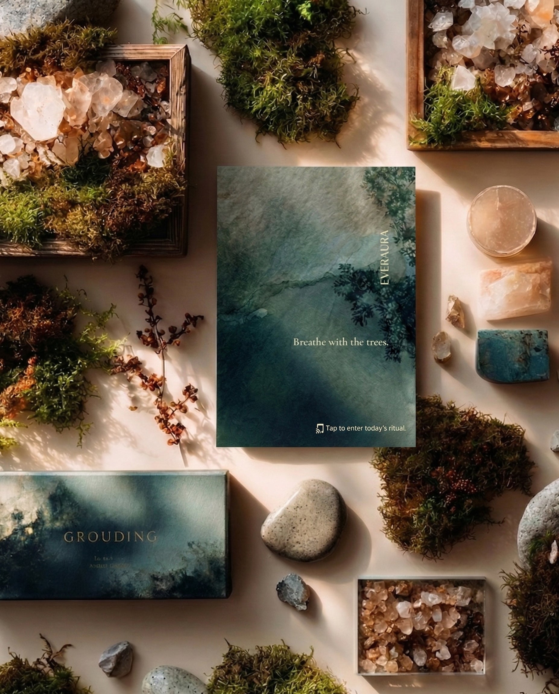 EverAura Grounding Scent Card with embedded NFC — the scent of sage and earth. Tap to enter the Grounding Daily Ritual: a guided meditation, a nature soundscape, and a daily energy card draw.