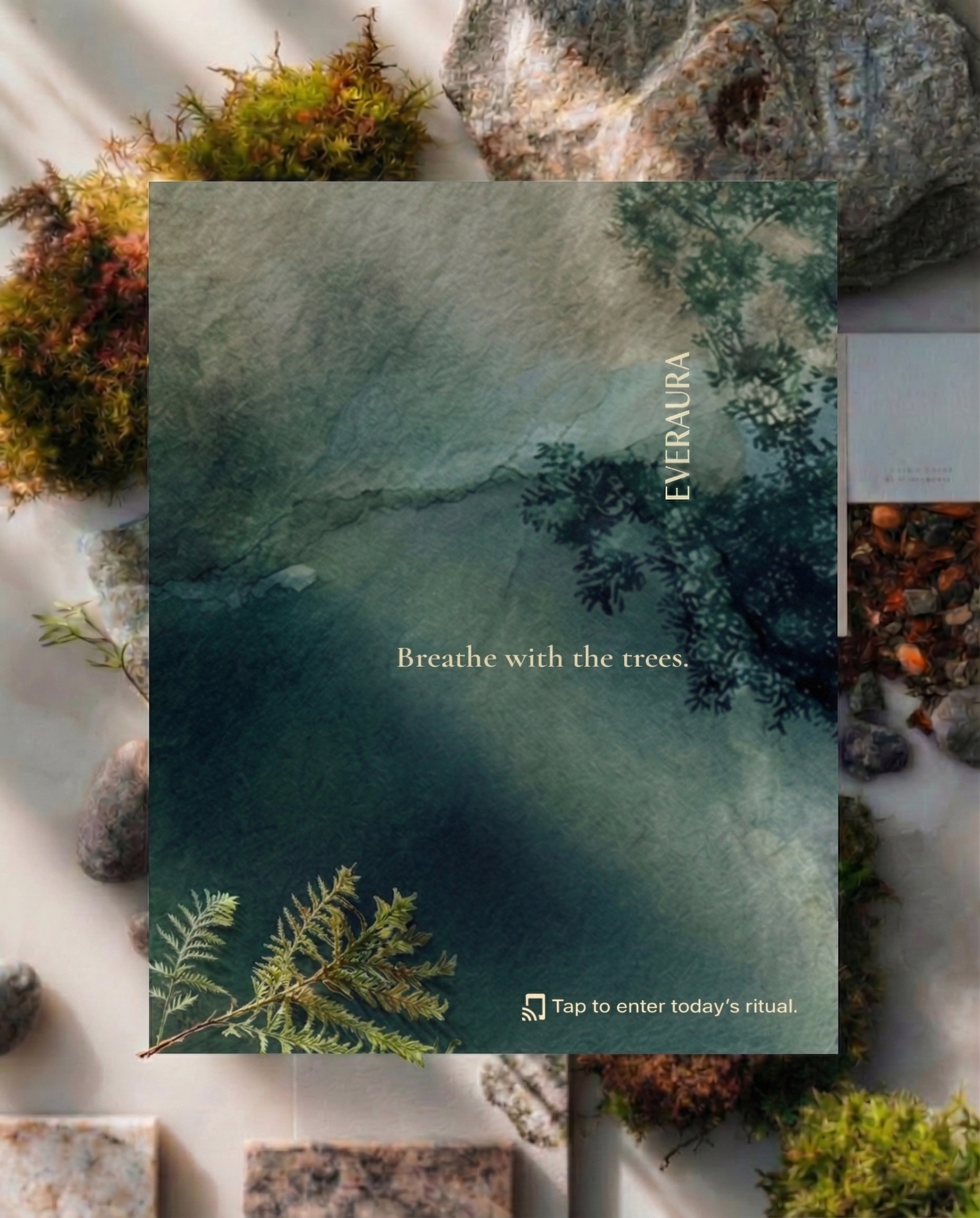 EverAura Grounding Scent Card with embedded NFC — the scent of sage and earth. Tap to enter the Grounding Daily Ritual: a guided meditation, a nature soundscape, and a daily energy card draw.
