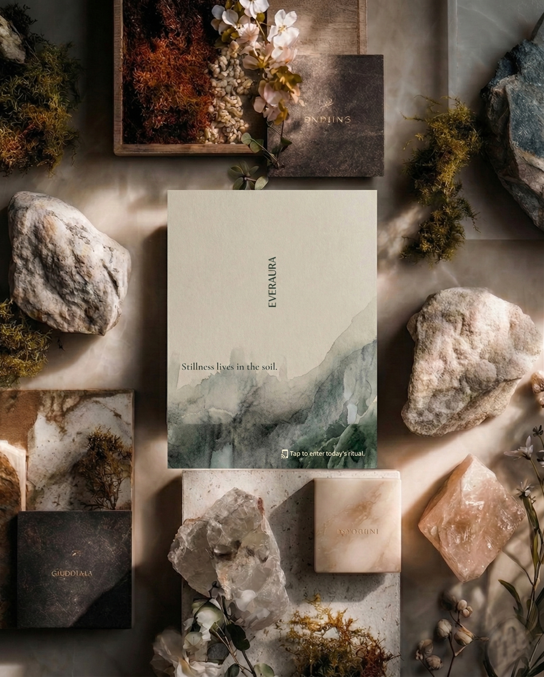 EverAura Grounding Scent Card with embedded NFC — the scent of sage and earth. Tap to enter the Grounding Daily Ritual: a guided meditation, a nature soundscape, and a daily energy card draw.