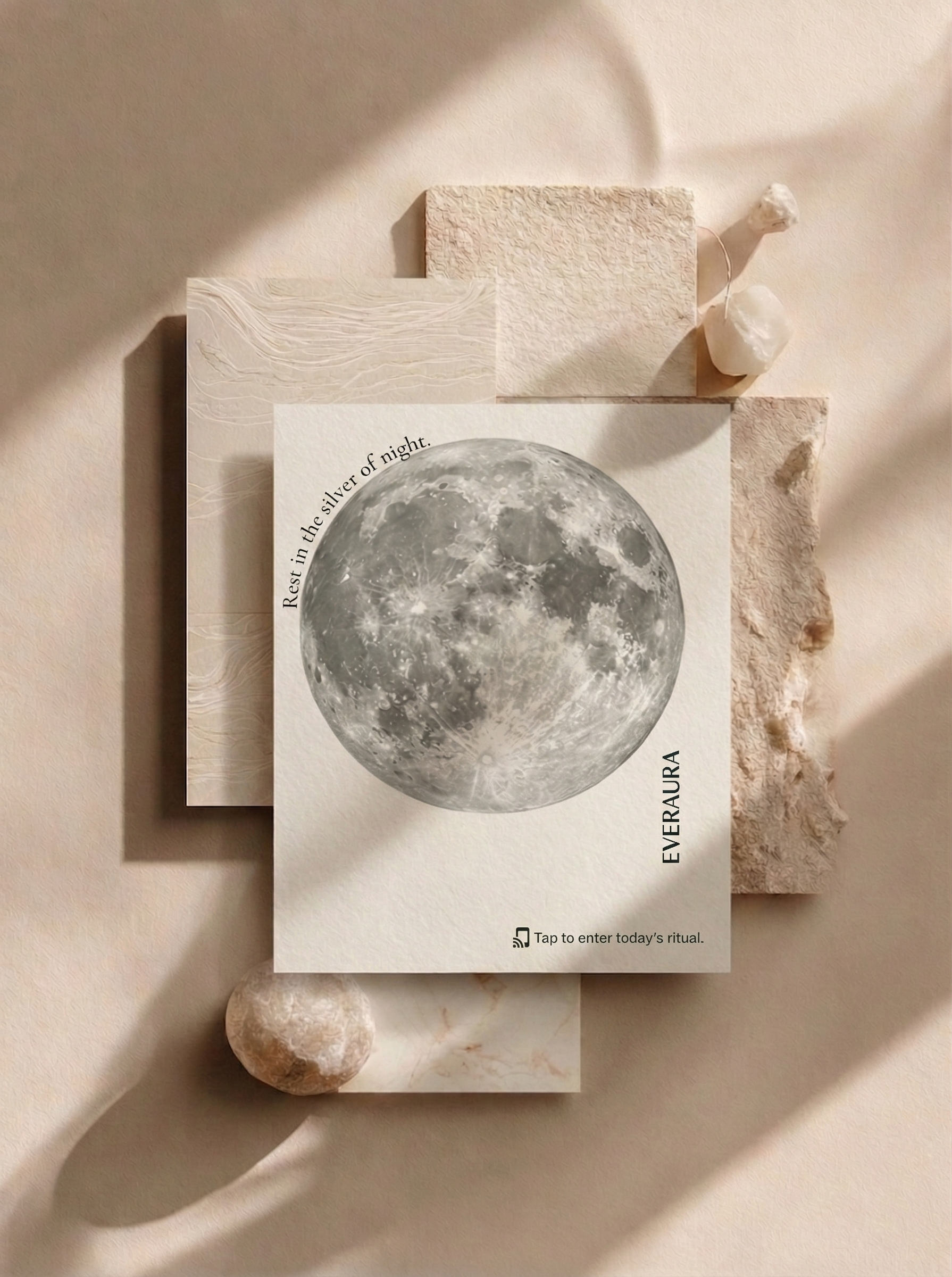 EverAura Moon Water Scent Card with embedded NFC — the scent of moonlit water and soft florals. Tap to enter the Moon Water Daily Ritual: a guided meditation, a nature soundscape, and a daily energy card draw.