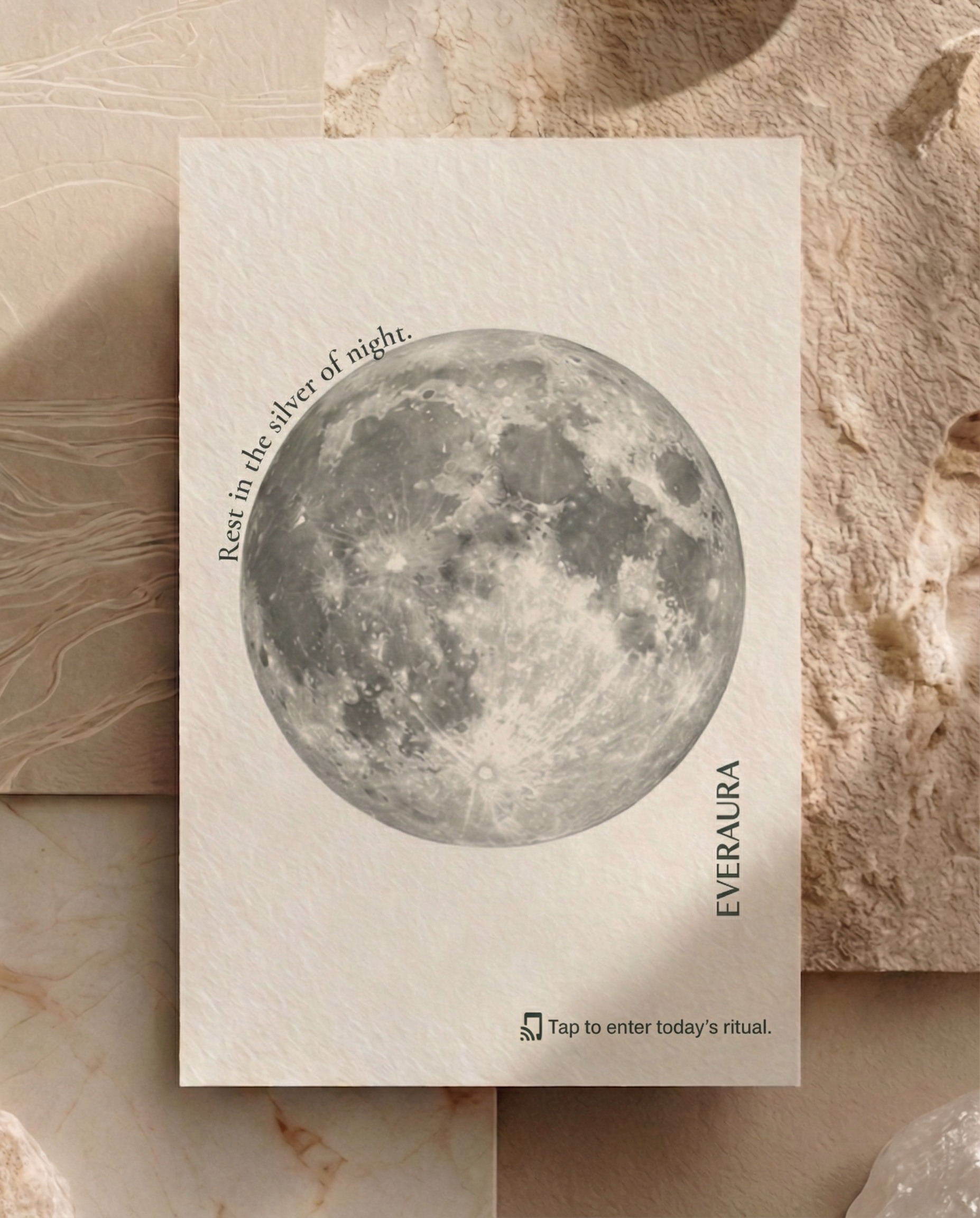 EverAura Moon Water Scent Card with embedded NFC — the scent of moonlit water and soft florals. Tap to enter the Moon Water Daily Ritual: a guided meditation, a nature soundscape, and a daily energy card draw.
