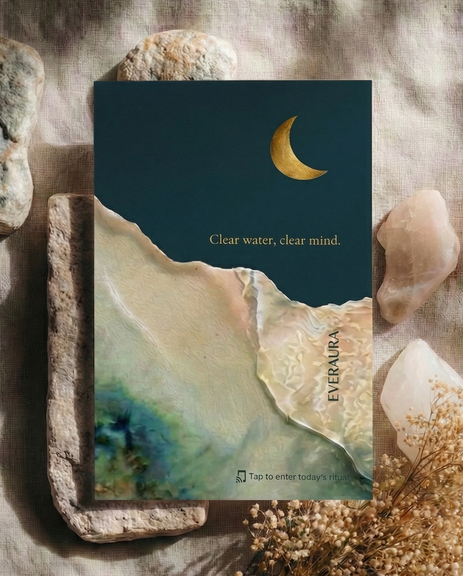 EverAura Moon Water Scent Card with embedded NFC — the scent of moonlit water and soft florals. Tap to enter the Moon Water Daily Ritual: a guided meditation, a nature soundscape, and a daily energy card draw.