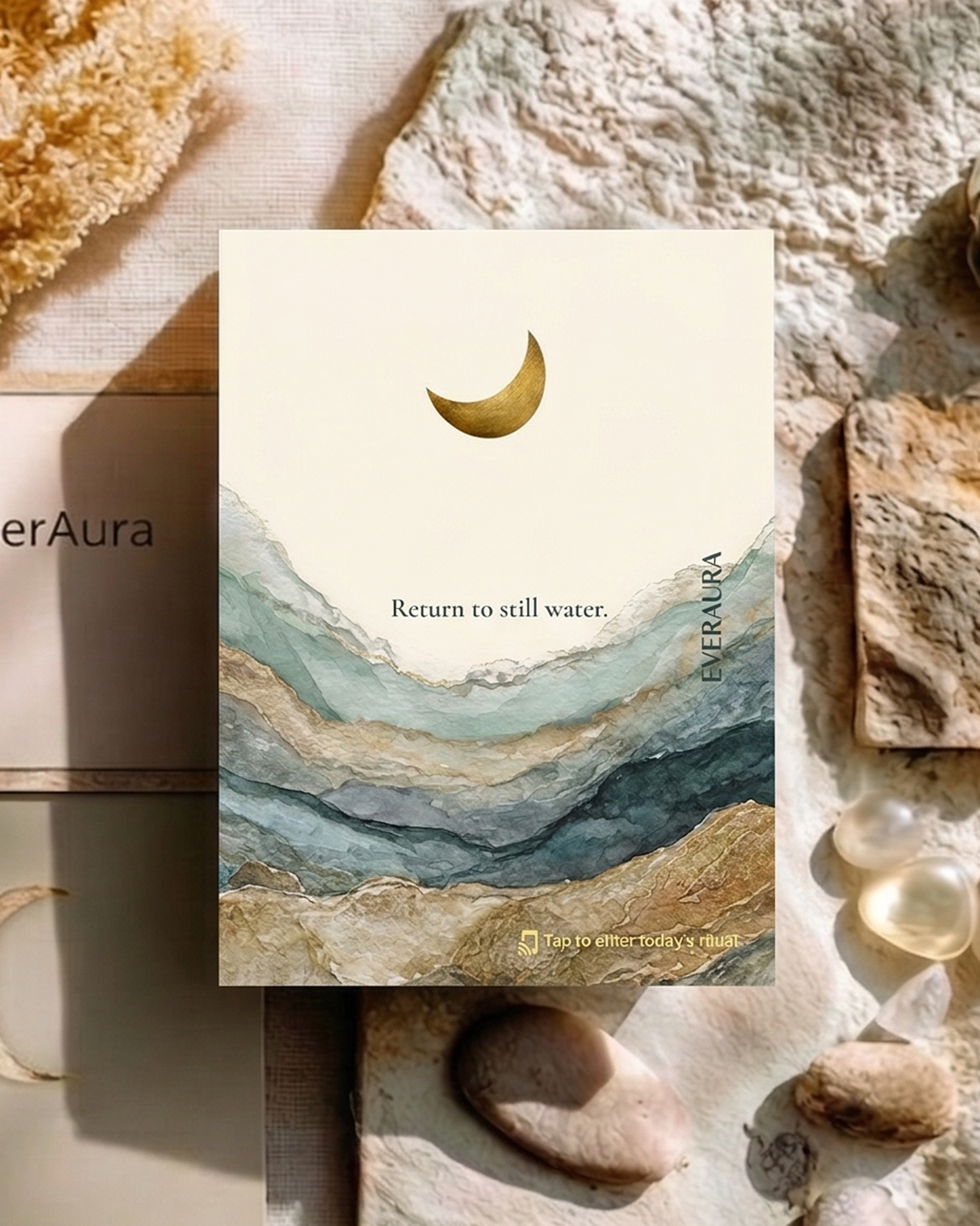 EverAura Moon Water Scent Card with embedded NFC — the scent of moonlit water and soft florals. Tap to enter the Moon Water Daily Ritual: a guided meditation, a nature soundscape, and a daily energy card draw.