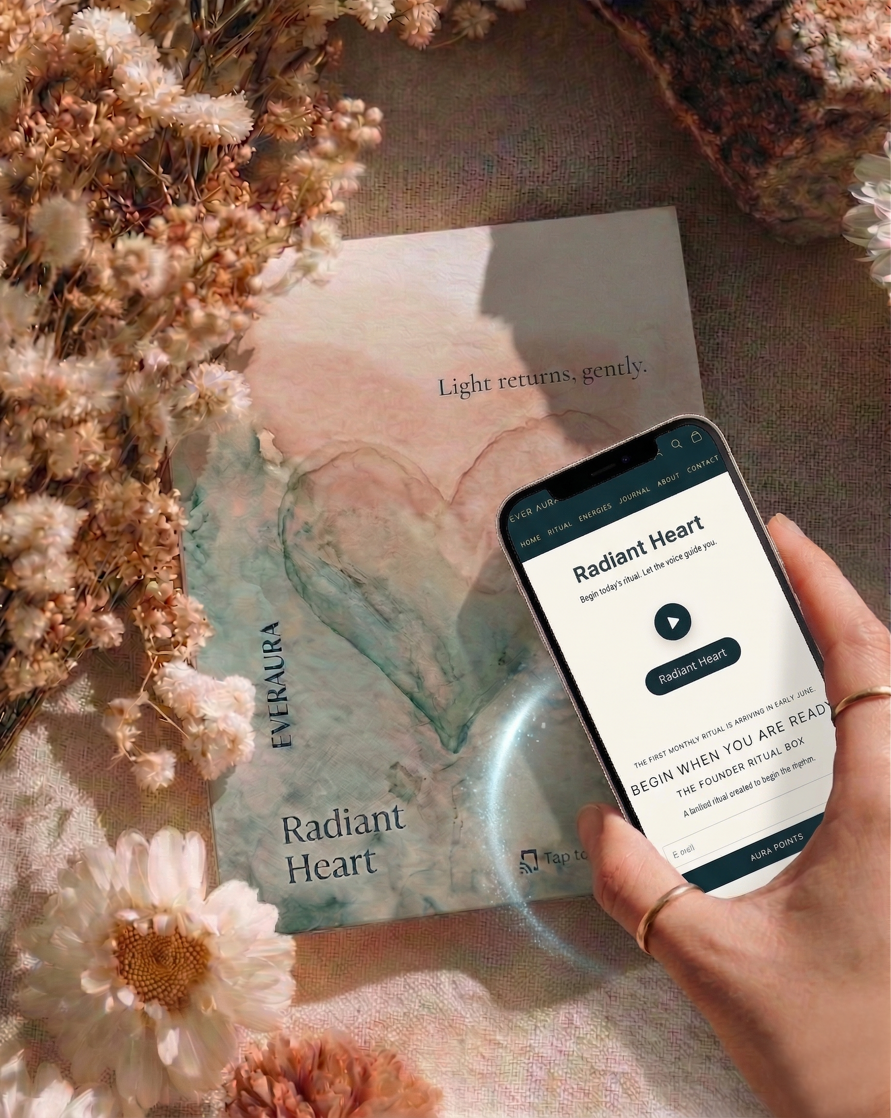 EverAura Radiant Heart scent card photo, front design, embedded NFC, tap to enter Daily Ritual. Card design is randomly selected within the series.